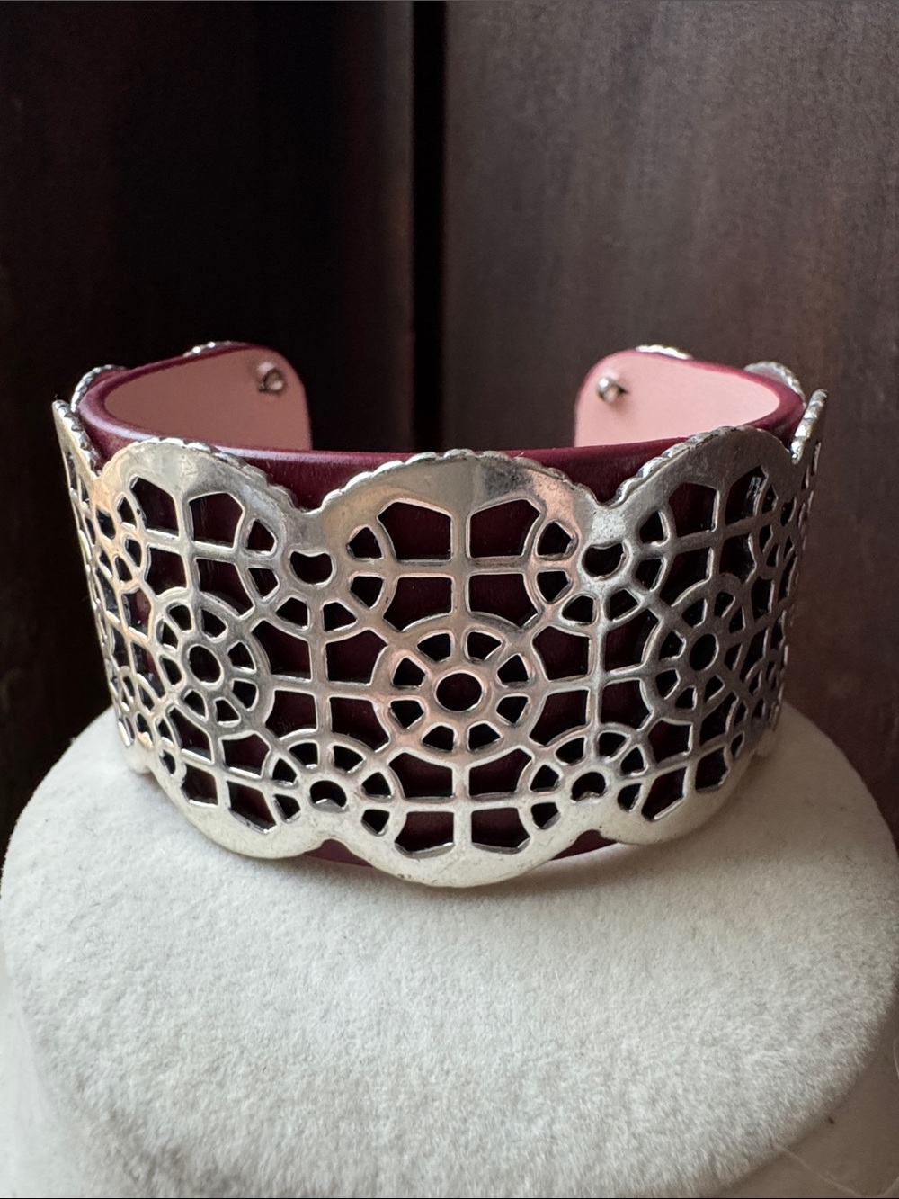 Wide Silver Filigree Cuff Bracelet in Deep Burgundy Pink Leather